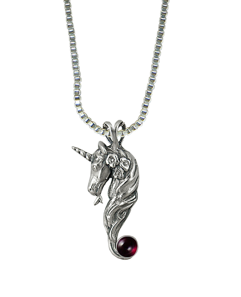 Sterling Silver Unicorn of Beauty Pendant With Garnet